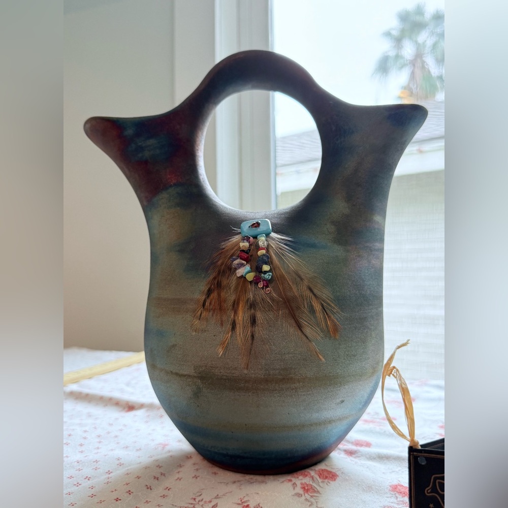 Raku Pottery Works Signed Jeremy Diller Wedding Vase Iridescent Feathers Stones